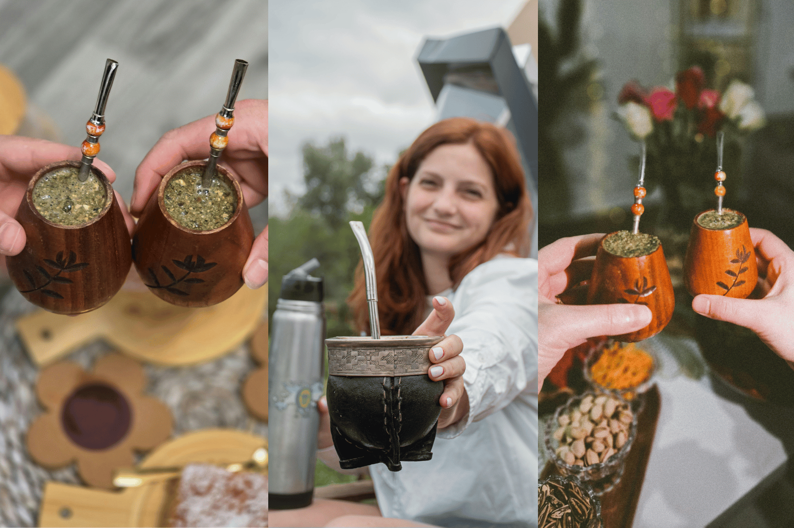 Collage of three scenes showing people enjoying yerba mate: hands holding decorated gourds with bombillas, a smiling person with a modern mate cup and thermos, and a relaxed setting with pistachios and flowers—capturing the communal warmth and contemporary flair of Argentina’s revitalized tea ritual.