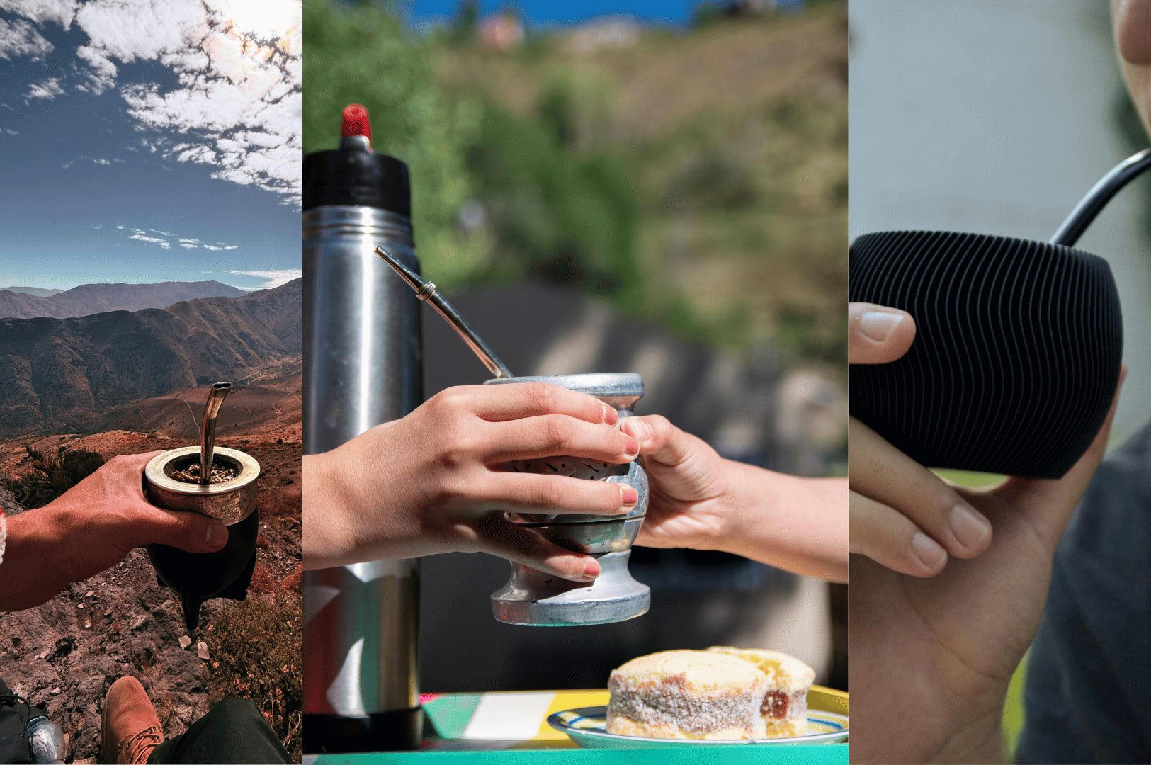 Collage of three moments celebrating yerba mate: a scenic mountain view with a gourd in hand, a close-up of two people exchanging mate beside cake and a thermos, and a modern black gourd being sipped—reflecting Argentina’s evolving tea ritual from nature to social table to urban lifestyle.