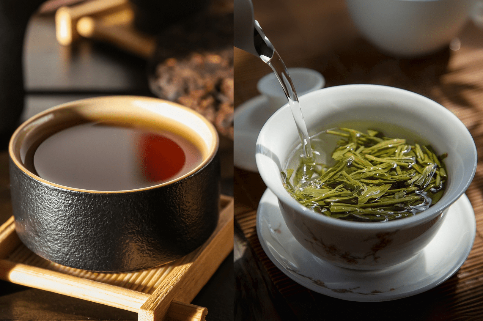 Side-by-side comparison of Chinese Long jing tea steeping in a white gaiwan and dark Pu'er tea served in a black cup—showcasing the contrast between fresh Dragon Well tea from Hangzhou and aged fermented Pu'er from Yunnan.