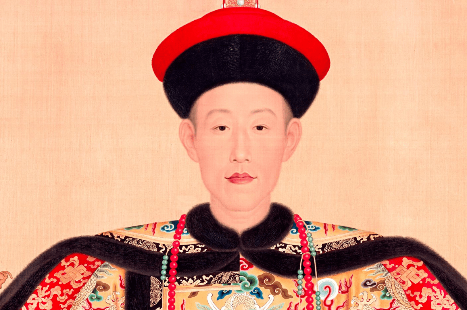 Traditional Chinese portrait of Emperor Qian long in ornate Qing dynasty attire, symbolizing the imperial endorsement and cultural prestige of Long jing tea from Hangzhou’s Dragon Well region.