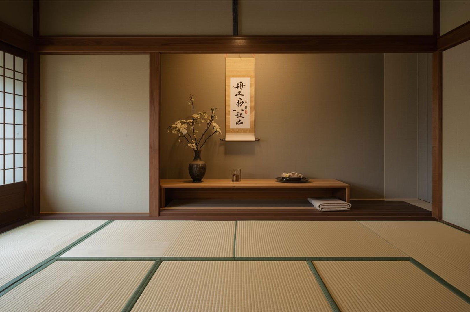 A traditional Japanese chashitsu (tea room) with tatami floor mats, a shoji screen, and a minimal tokonoma alcove featuring a scroll and flower arrangement.