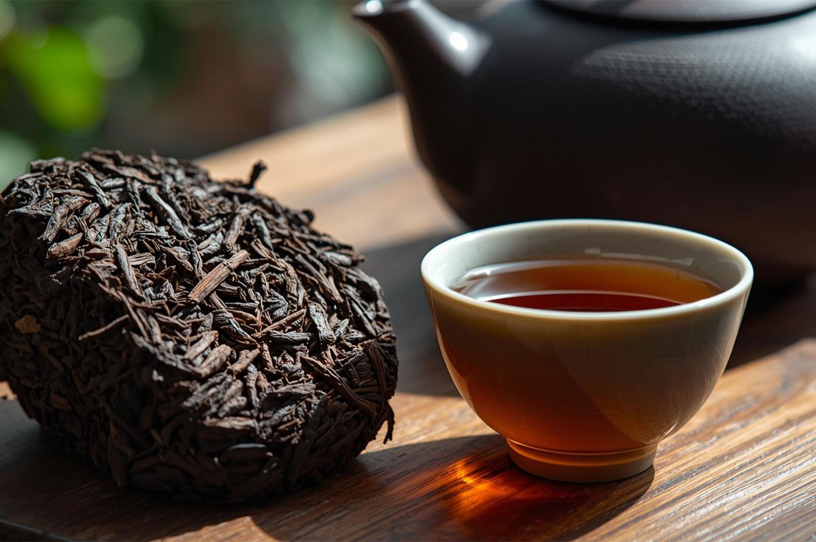 A rustic, dark pu-erh tea cake rests on the left, its aged, compressed leaves visible. To the right, a rich, amber-colored brewed pu-erh tea is poured into a delicate ceramic cup, with an elegant, dark glazed teapot subtly blurred in the background. Natural light illuminates the scene, highlighting the textures and deep hues of the tea.