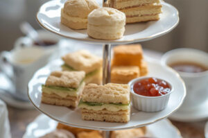 A close-up of a classic three-tier afternoon tea stand displaying traditional finger sandwiches, square tea sandwiches with avocado, and small round scones with clotted cream and jam.