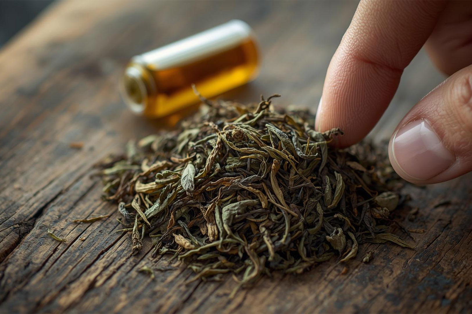 A hand pinches a small pile of dry, twisted green tea leaves resting on a rustic wooden surface, with a small, blurred vial of liquid in the background.
