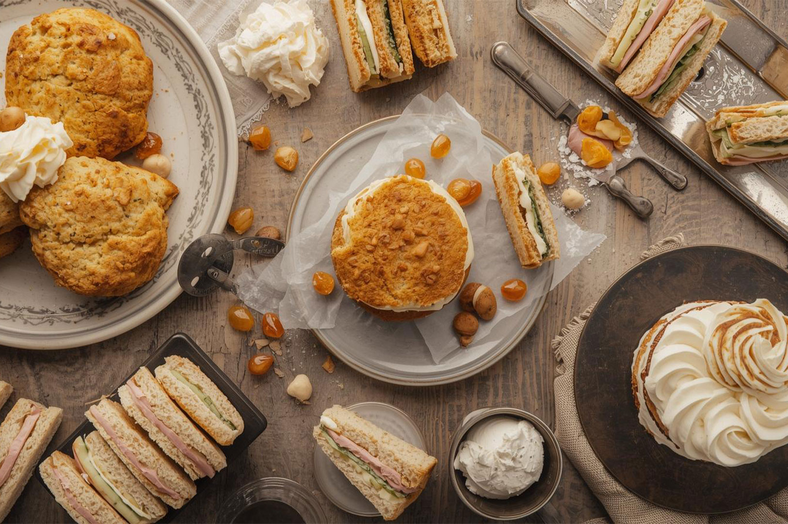 An overhead, flat-lay view of a wooden table laden with various British tea party foods, including round scones topped with cream, square finger sandwiches, candied fruit, and a large meringue cake.