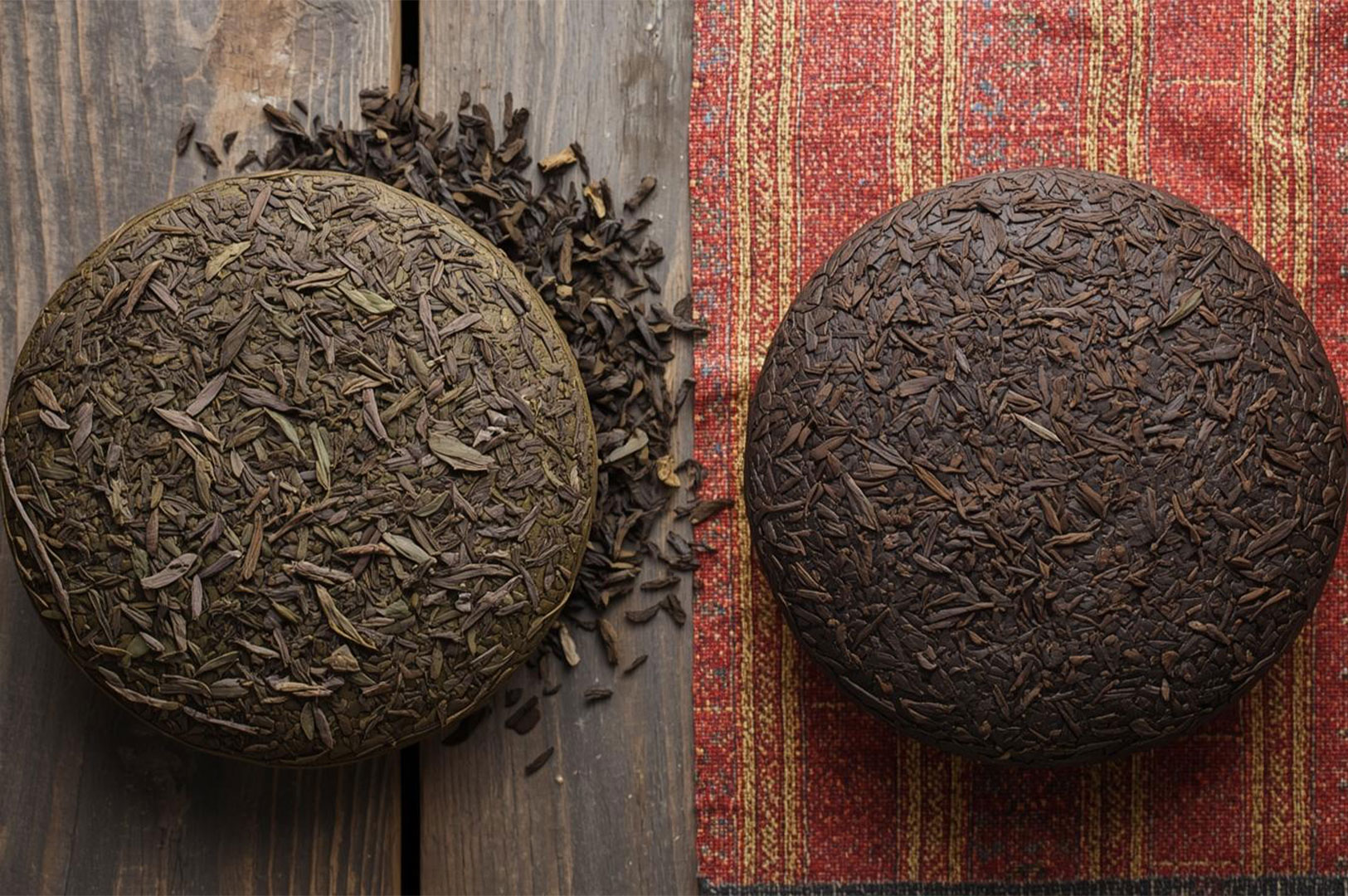 A visually appealing flat lay, captured from an overhead perspective, showcases two distinct types of Pu Erh tea. On the left, a cake of greenish-brown raw (Sheng) Pu Erh tea, its texture finely detailed, rests beside a cake of dark, deep brown ripe (Shou) Pu Erh tea on the right. Both are arranged on a rustic wooden surface or a richly textured traditional fabric. A small, scattered pile of broken-off leaves from each tea cake is included, clearly illustrating the contrasting colors and granular textures of Sheng versus Shou Pu Erh.