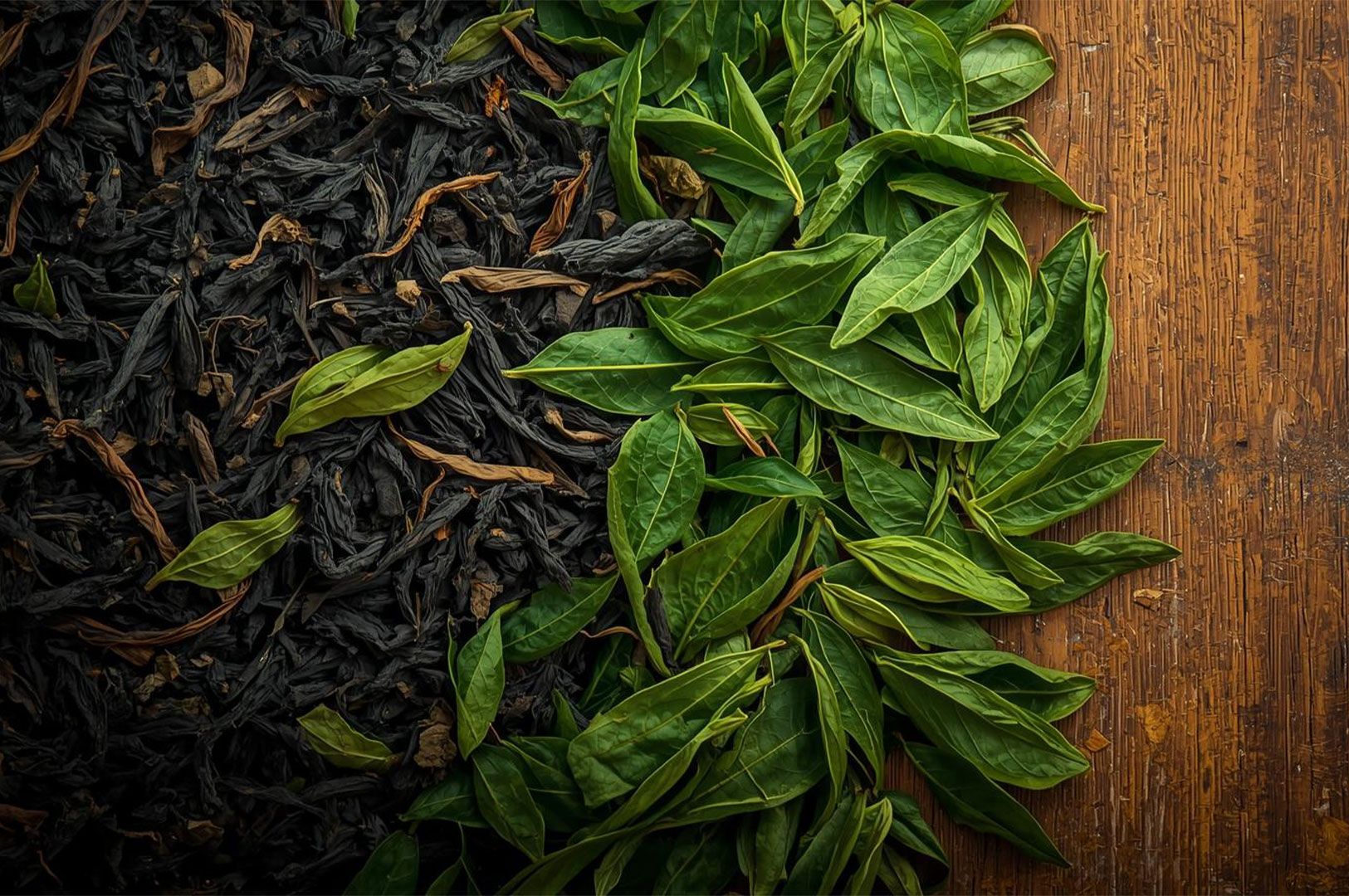 A close-up, top-down view of dried black tea leaves and vibrant green tea leaves artfully arranged on a rustic wooden surface, evoking a sense of artisanal quality.
