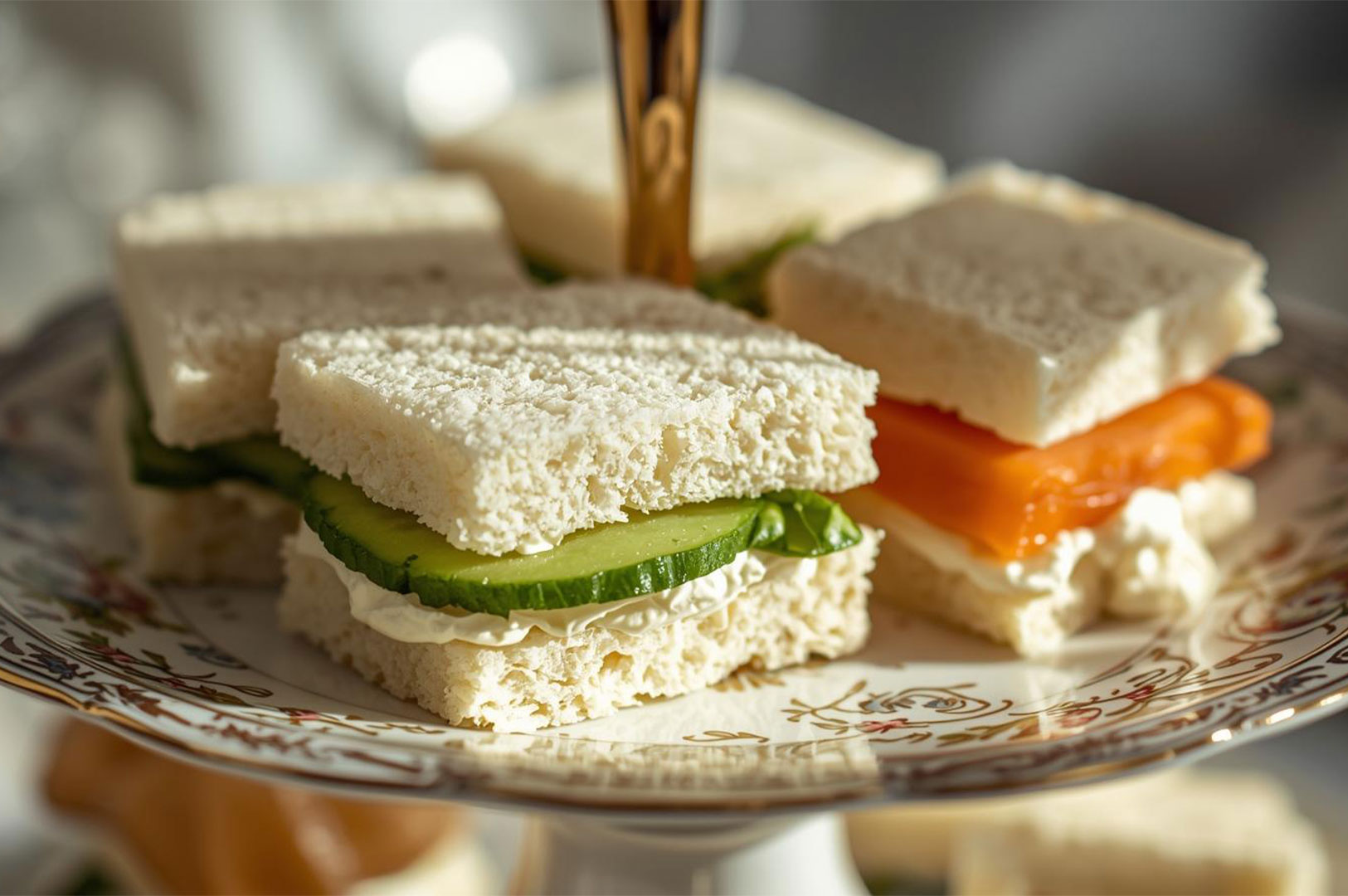 A close-up of delicate, crustless tea sandwiches arranged on a tiered platter, featuring a classic cucumber sandwich with cream cheese and a smoked salmon sandwich.