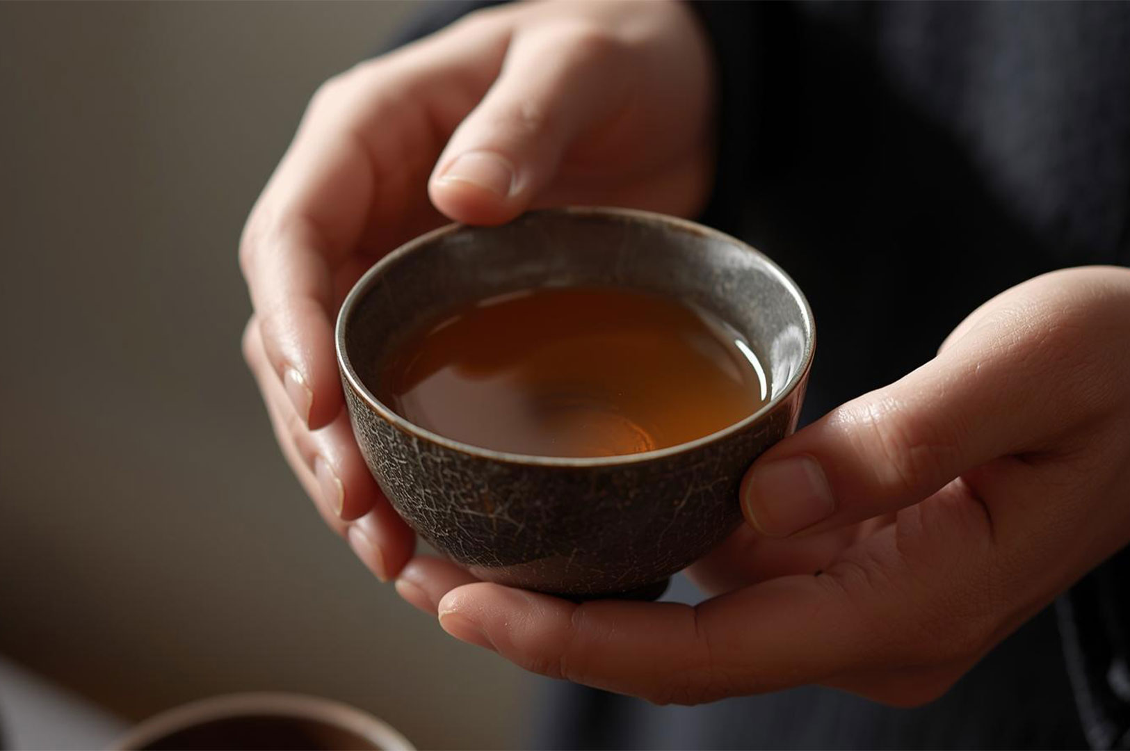 Close-up of hands gently cupping a small, dark ceramic tea bowl with a delicate crackle glaze, containing amber-colored tea.