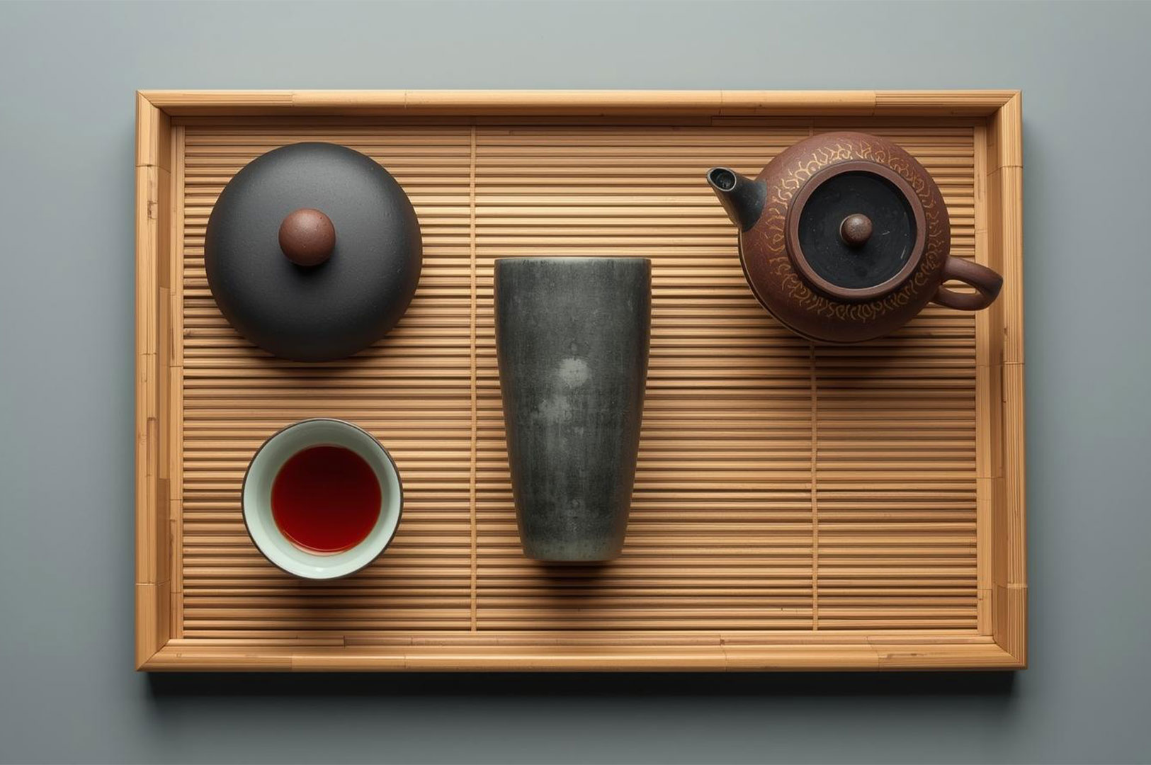 An overhead, flat lay view of a traditional Gongfu Cha tea set arranged on a slatted bamboo tray, featuring a clay teapot, a lid/bowl, a tall black aroma cup, and a small cup of dark red brewed tea.
