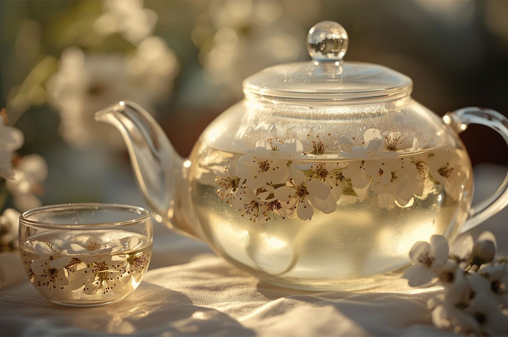 A clear glass teapot and matching small cup containing light-yellow linden flower tea, with white blossoms floating in the liquid, set outdoors in soft sunlight.