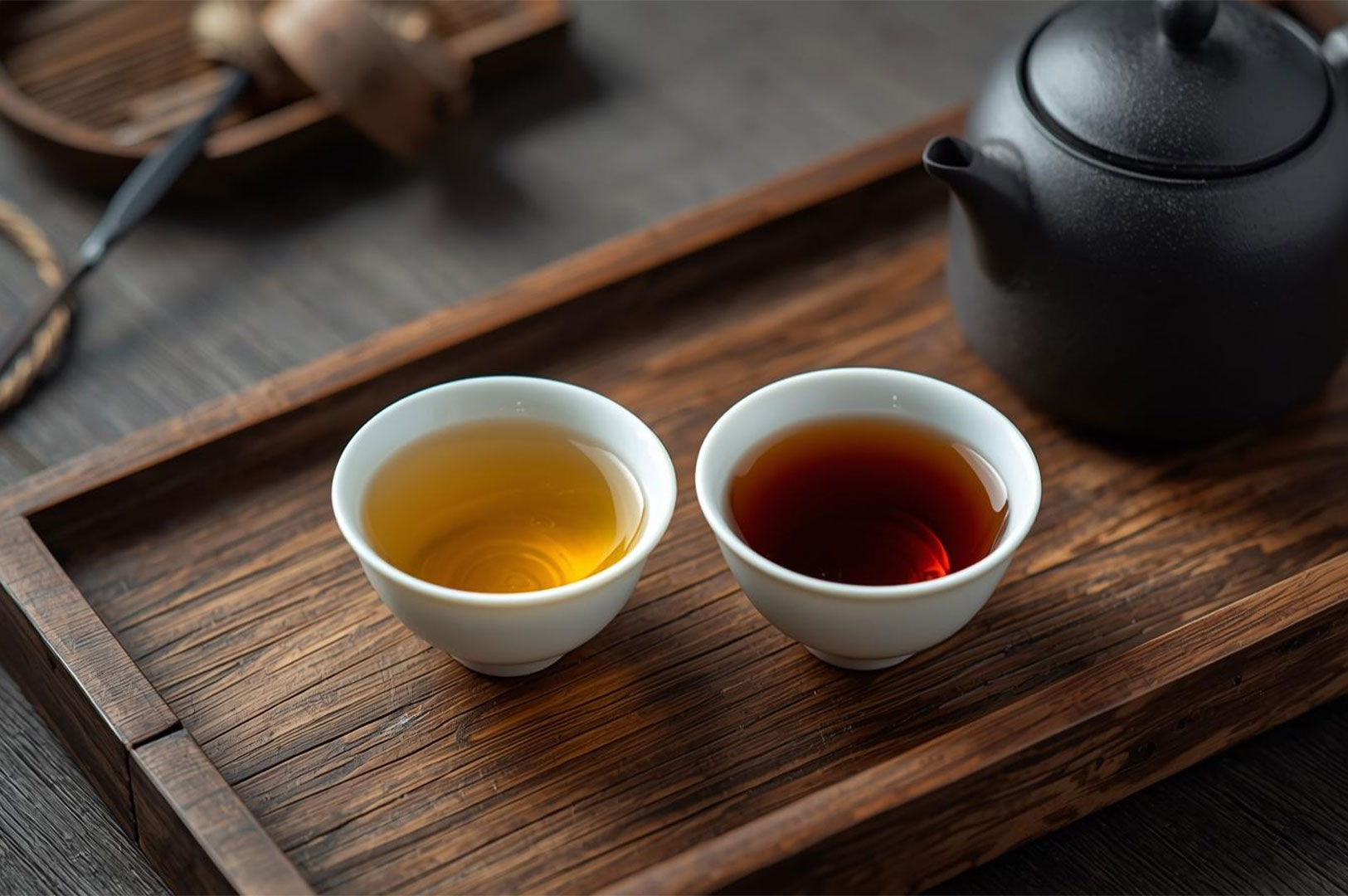 A beautiful, sophisticated, high-resolution studio shot capturing a traditional Gongfu tea service setup. Feature delicate, small, traditional tea cups, perhaps a Yixing teapot and matching cups, with two distinct servings of brewed Pu Erh tea positioned side-by-side. One serving is a clear, light amber infusion, representing Sheng Pu Erh, while the other is a dark, opaque, rich reddish-brown brew, signifying Shou Pu Erh. The scene should be artfully arranged on a rustic wooden tray, with soft, directional lighting that highlights the textures of the ceramics and the clarity of the teas. The overall aesthetic should evoke a sense of refined complexity and the deep appreciation of subtle, nuanced flavors, presented in a minimalist composition.