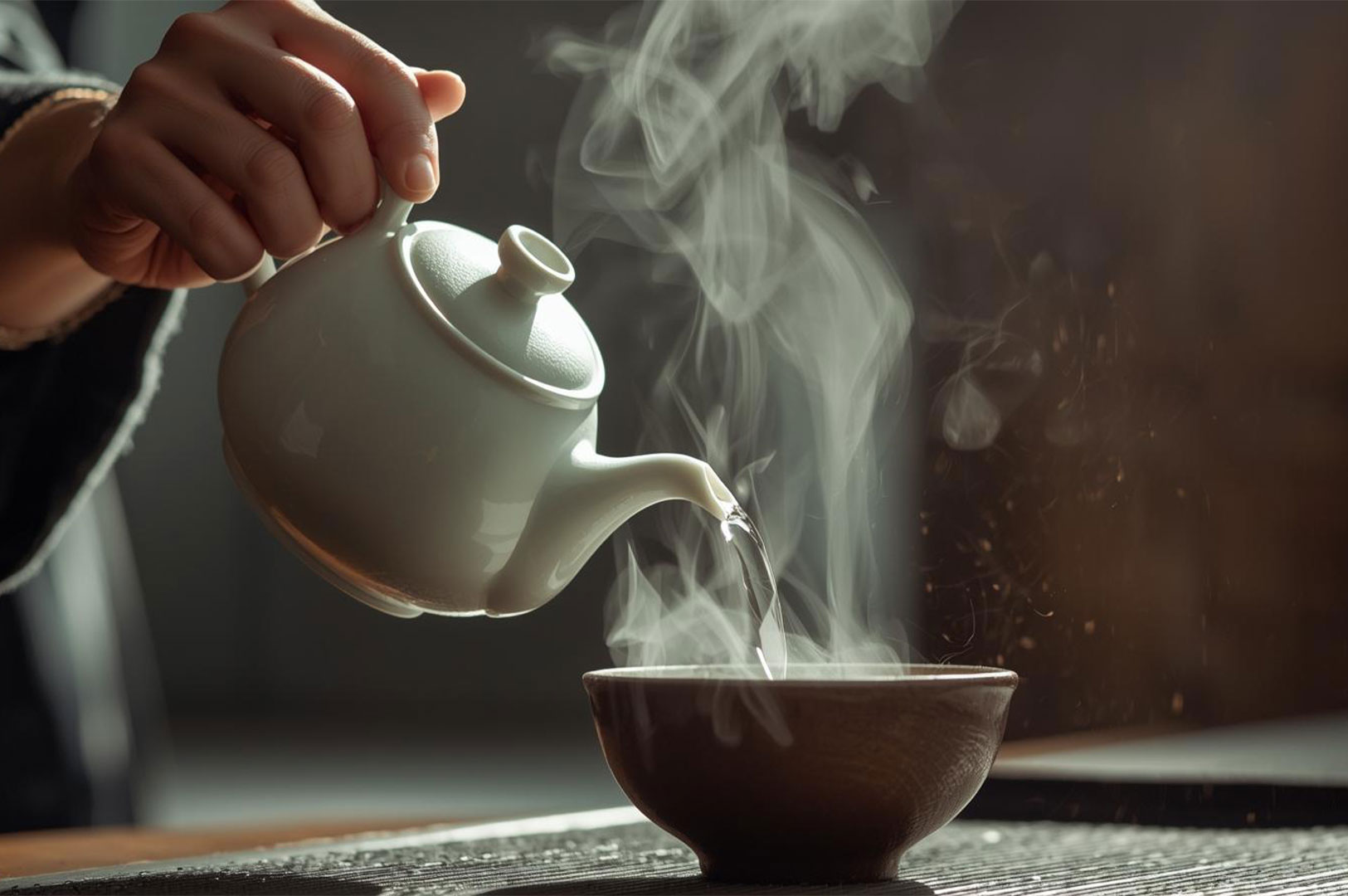 A person's hand pours hot, steaming water from a white ceramic teapot into a small, dark wooden tea bowl, with dramatic plumes of steam rising from the bowl.