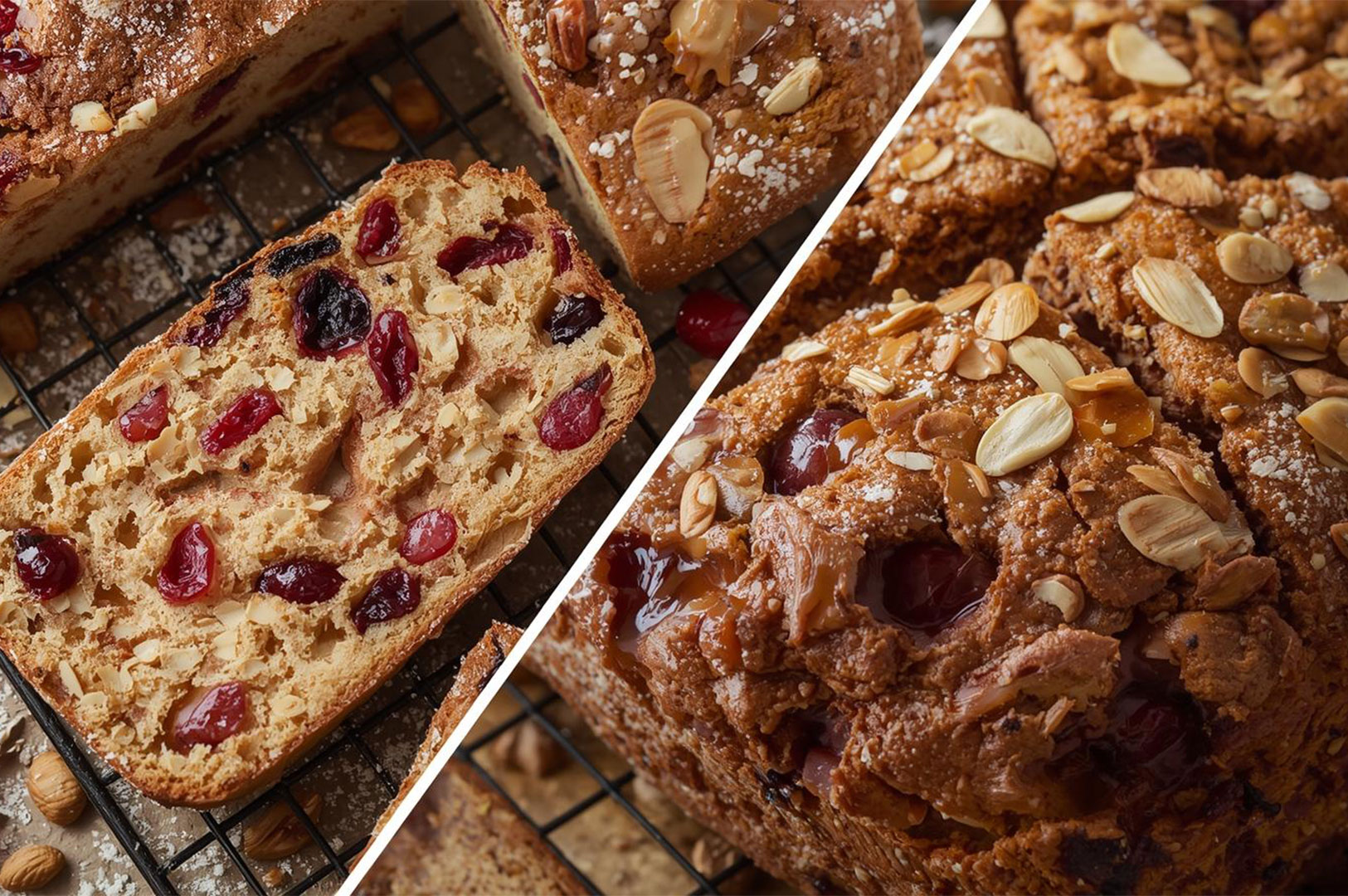 A split image showing two versions of a moist fruit loaf cake or bread: the left side shows a slice full of bright red cranberries, and the right side shows a dense loaf topped with sliced almonds and a glossy glaze.
