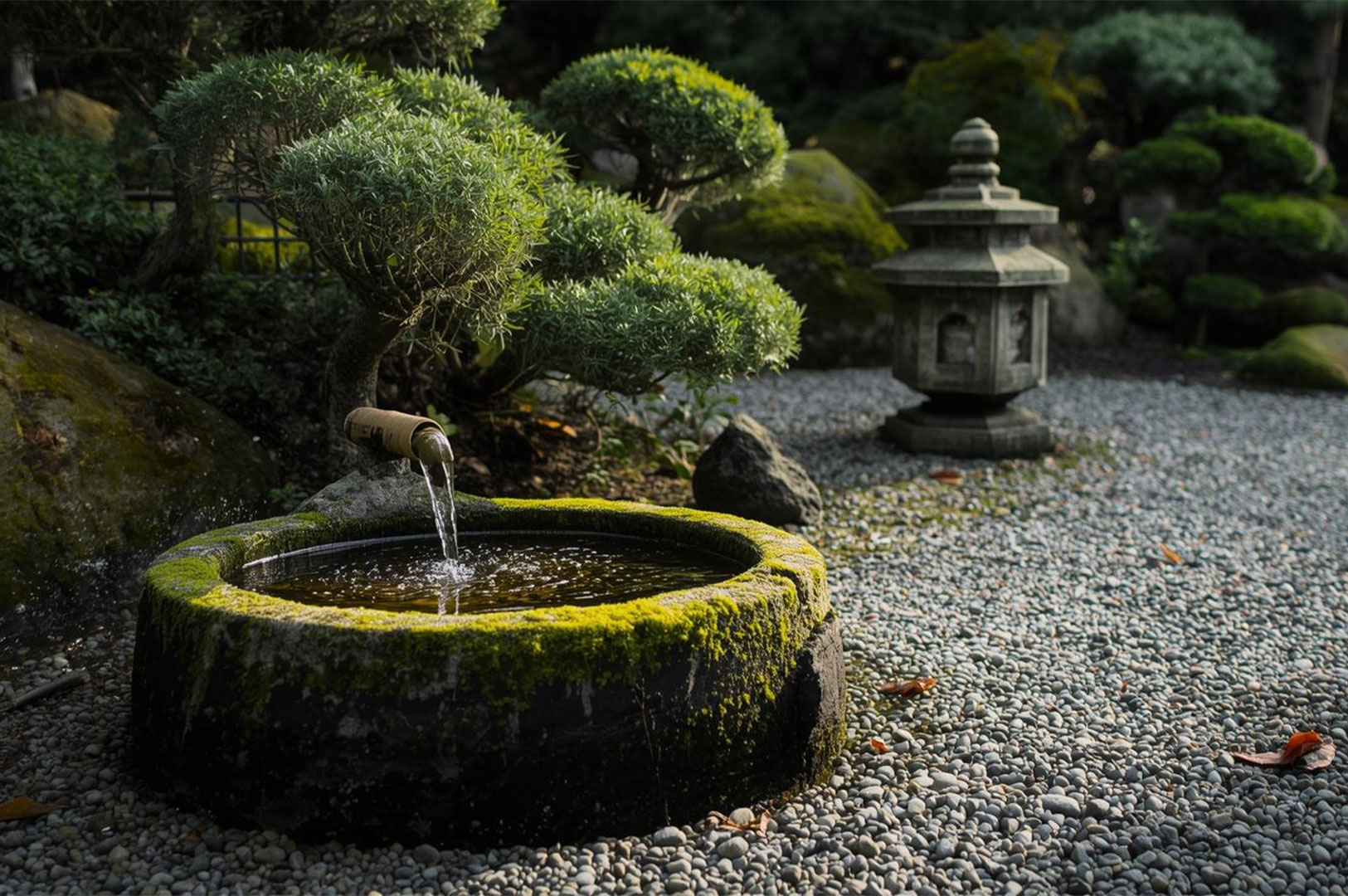A moss-covered stone tsukubai (water basin) with a bamboo spout pouring water, set amidst grey pebbles and manicured shrubs in a Japanese garden.