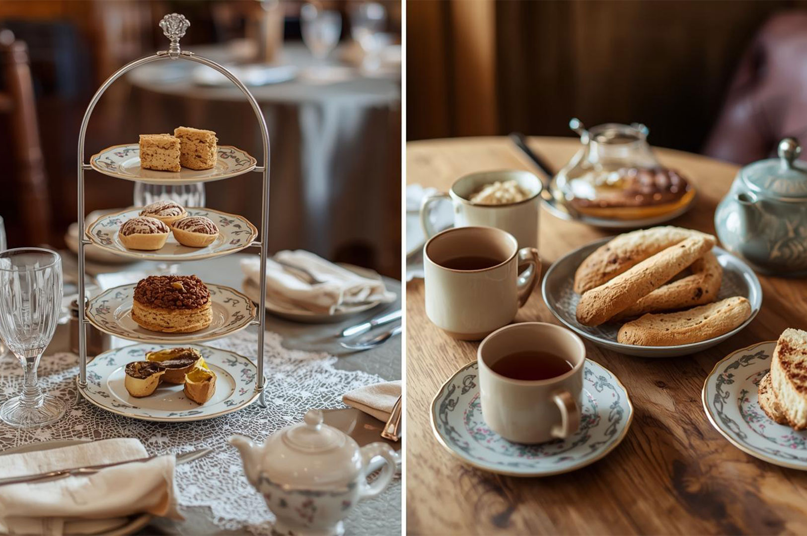 A split image comparing two styles of tea service: the left shows high tea with an ornate three-tier stand and fine glassware; the right shows a cozy, rustic low tea setting with teacups and simple biscuits on a wooden table.