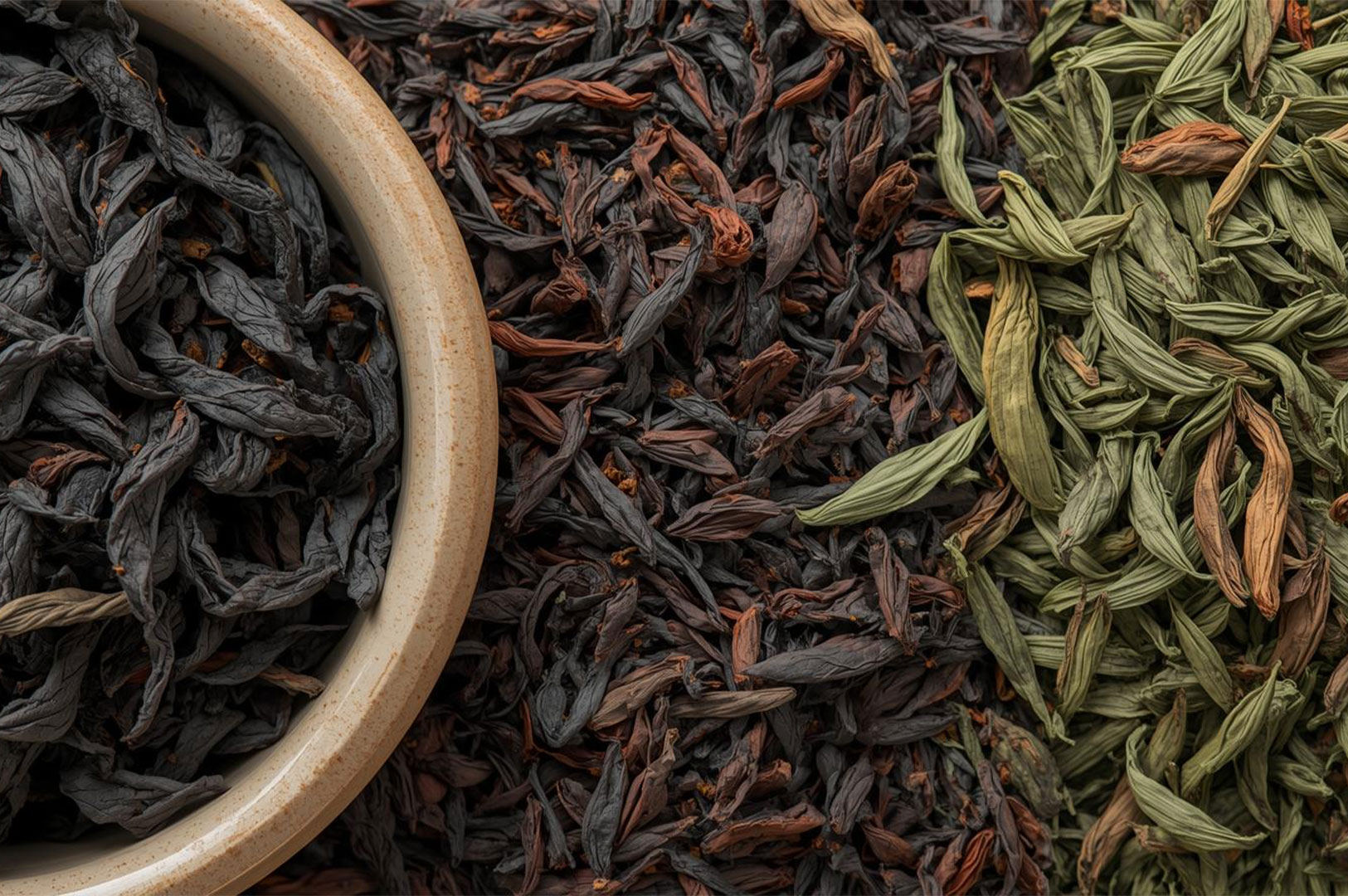 A detailed, overhead macro shot of three types of dried, loose-leaf tea: dark, twisted leaves in a light-colored bowl, reddish-brown leaves in the middle, and long, green, lighter leaves on the right.