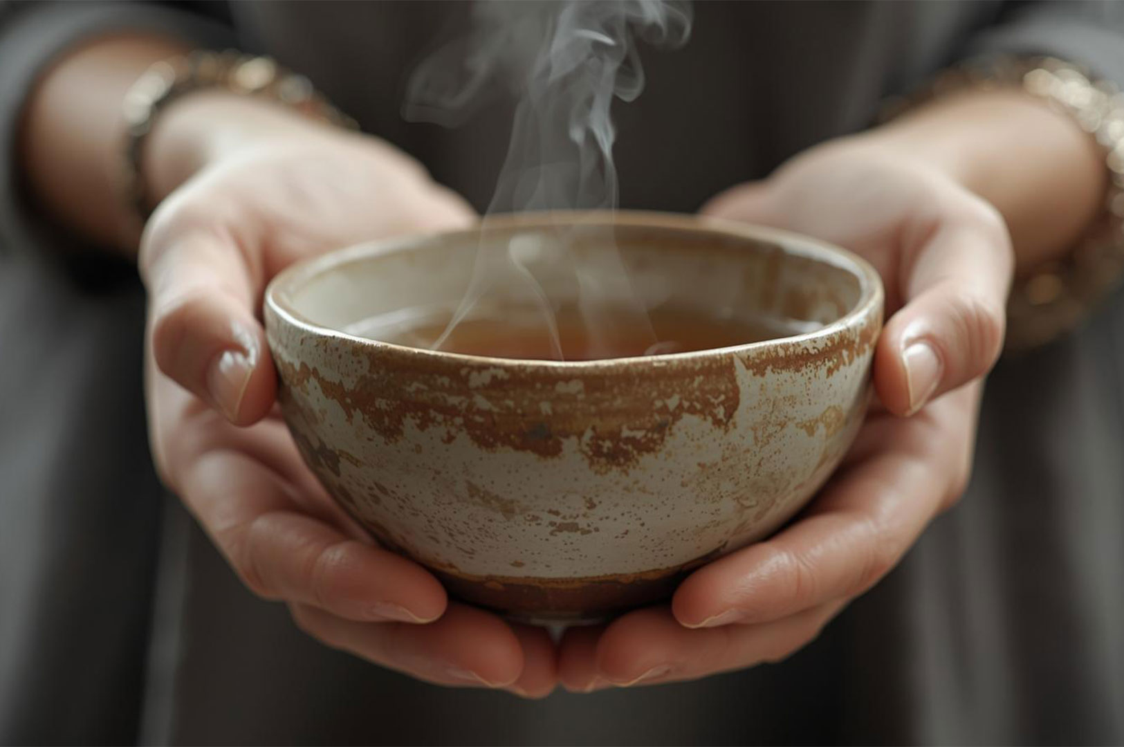A close-up of hands holding a rustic, steaming tea bowl with a rough, wabi-sabi style glaze, conveying warmth and comfort.