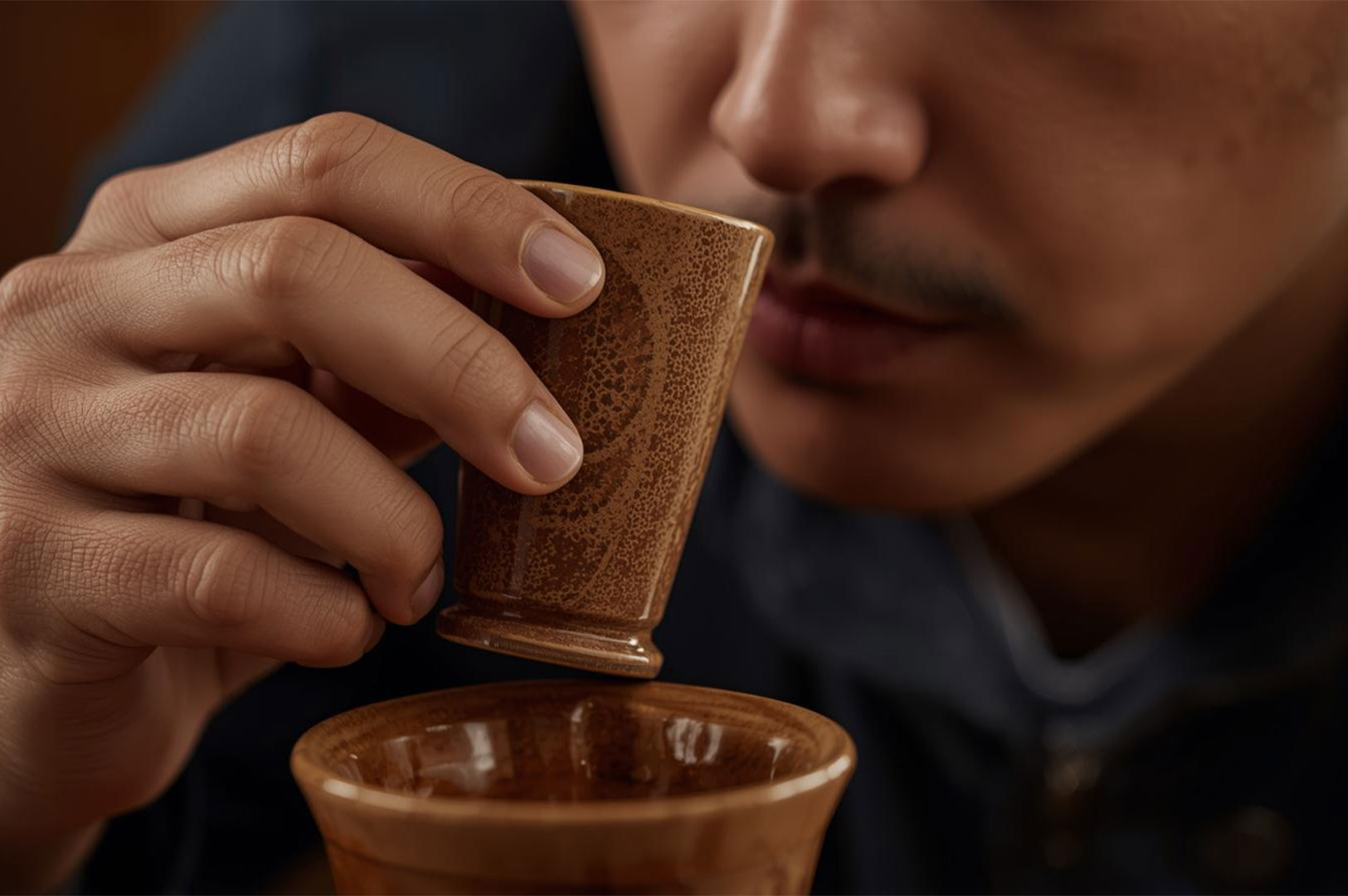 A close-up of a man with a mustache holding a tall, patterned aroma cup to his nose, savoring the fragrant scent of the hot tea during a tasting ritual.