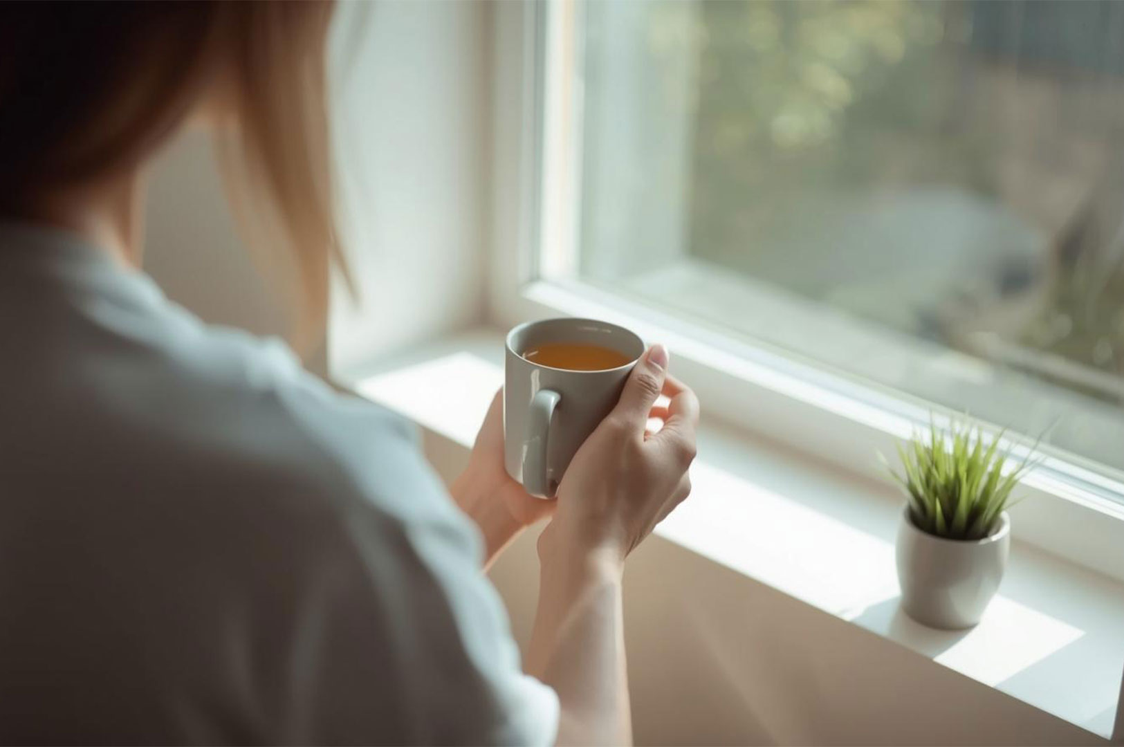 View over a woman's shoulder as she stands by a sunlit window, gently holding a modern mug of tea and looking out, symbolizing a quiet moment of reflection.