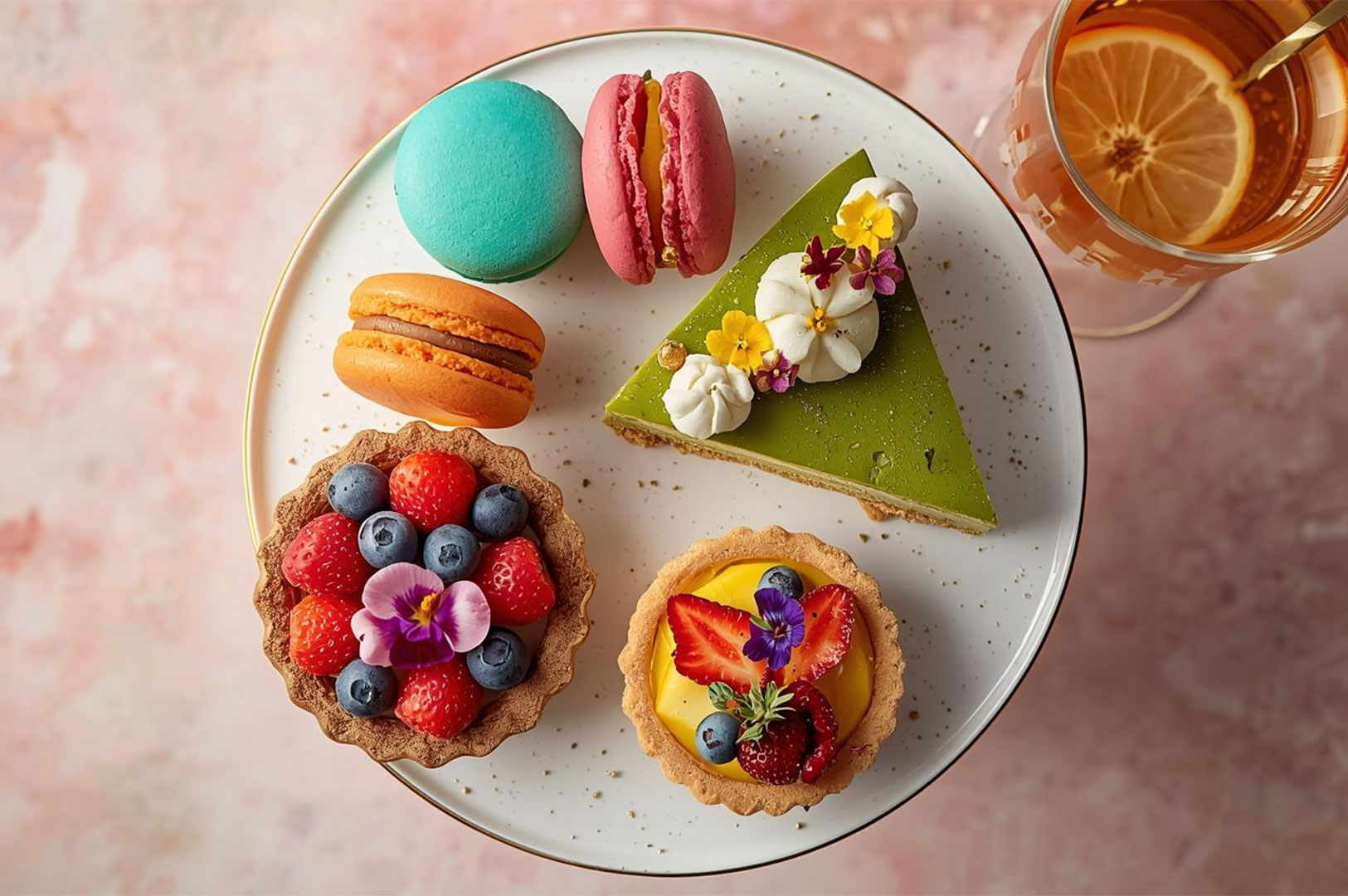 An overhead flat lay of a plate of vibrant gourmet miniature pastries, including brightly colored macarons (blue, pink, orange), fruit tarts with berries, and a slice of green matcha cake.