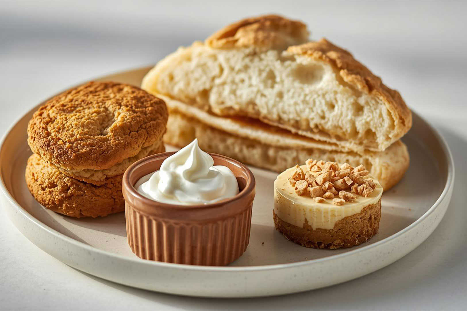 A plate featuring a selection of gluten-free or allergy-friendly afternoon tea items, including crumbly round scones, slices of white bread, a small pot of whipped cream, and a tiny cheesecake tartlet.