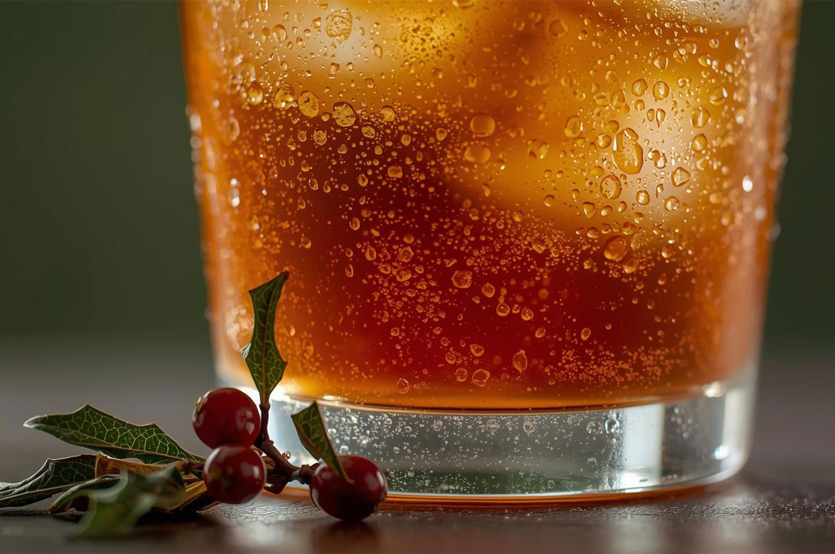 Extreme close-up of a condensation-covered glass of iced tea, with a garnish of yaupon holly leaves and red berries at the base.