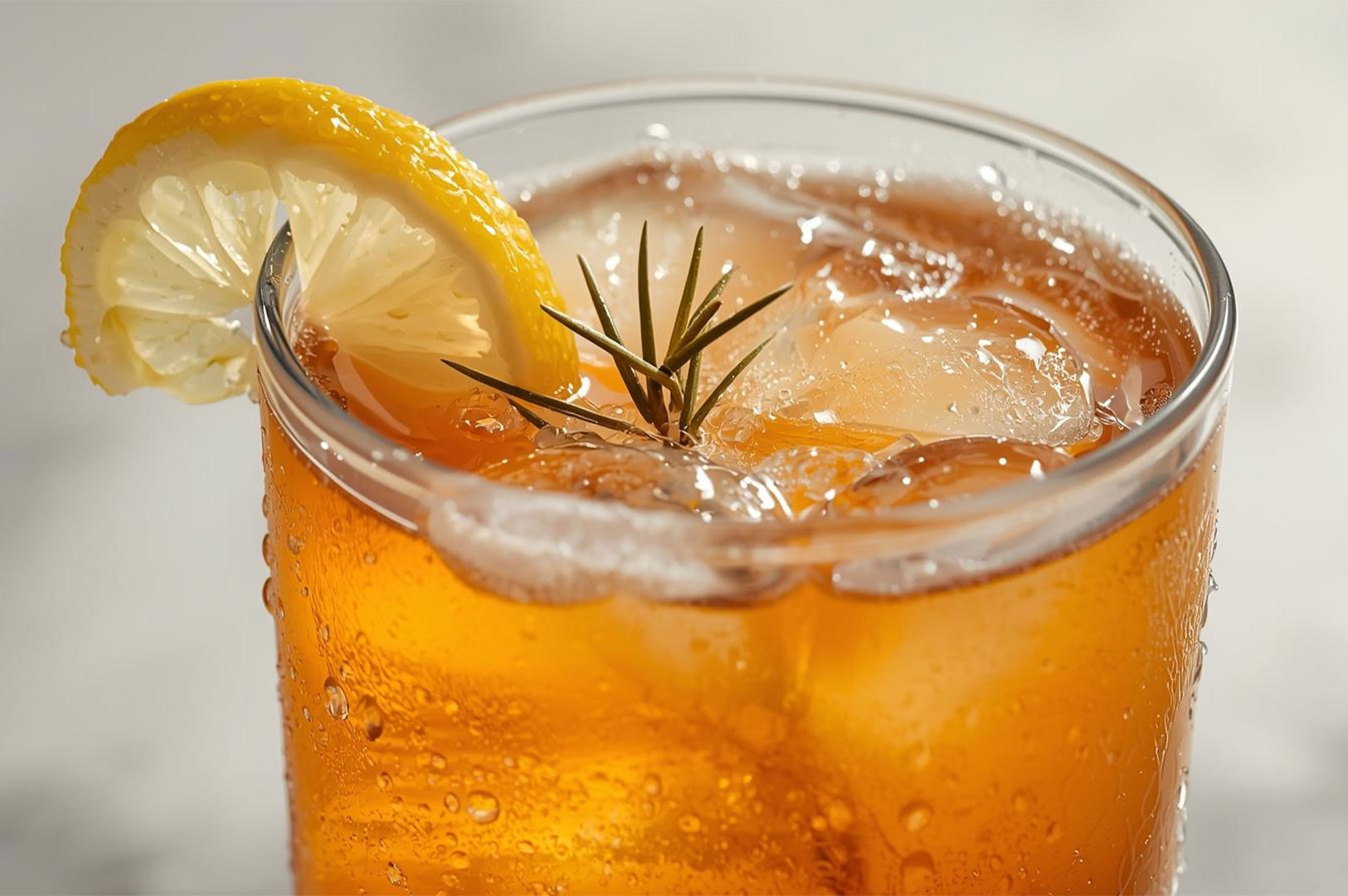 Close-up of a glass of iced tea, garnished with a bright yellow lemon slice and a sprig of herb (likely rosemary or lemon myrtle), showing condensation droplets.