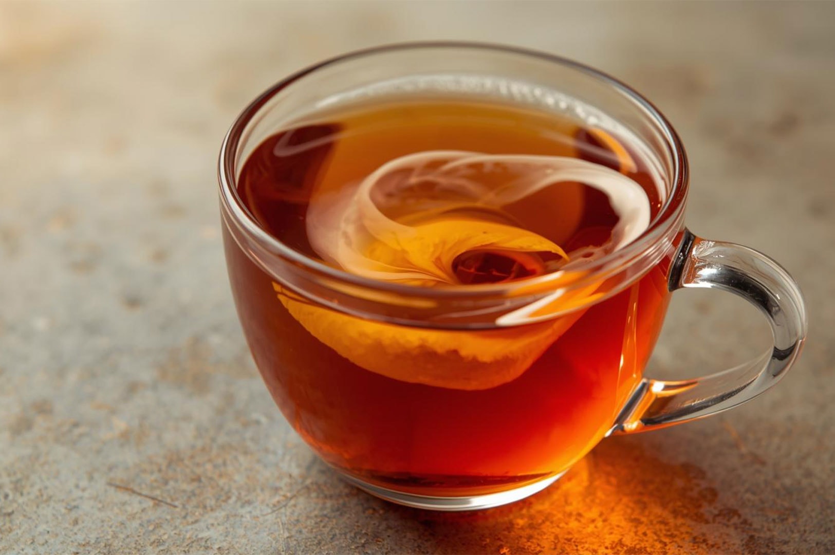 Close-up of a transparent mug of dark amber tea, with a swirl of white cream or milk mixing into the hot liquid.