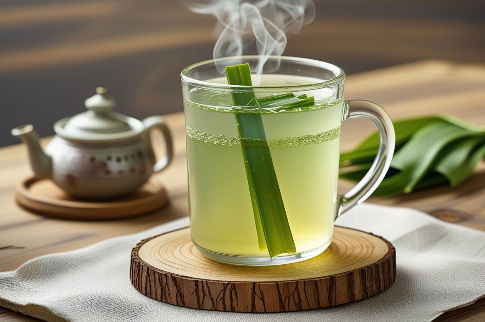 A clear glass mug of steaming, light green pandan tea, garnished with a folded piece of the fresh pandan leaf, set on a wooden coaster.