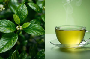 Split image showing glossy, wet green tea leaves and small white flowers on the left, and a steaming cup of pale green tea on a saucer on the right.