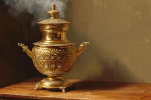 A large, ornate, highly polished golden samovar sitting on a wooden table, with steam rising from the top.