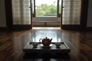 A traditional Korean or Japanese room with polished wood floors, shoji screens, and an open doorway to nature, featuring a small teapot and cups on a woven tray.