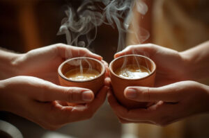Close-up of two pairs of hands holding small, steaming clay cups (kulhad) filled with traditional Indian chai tea, symbolizing warmth and a shared moment.