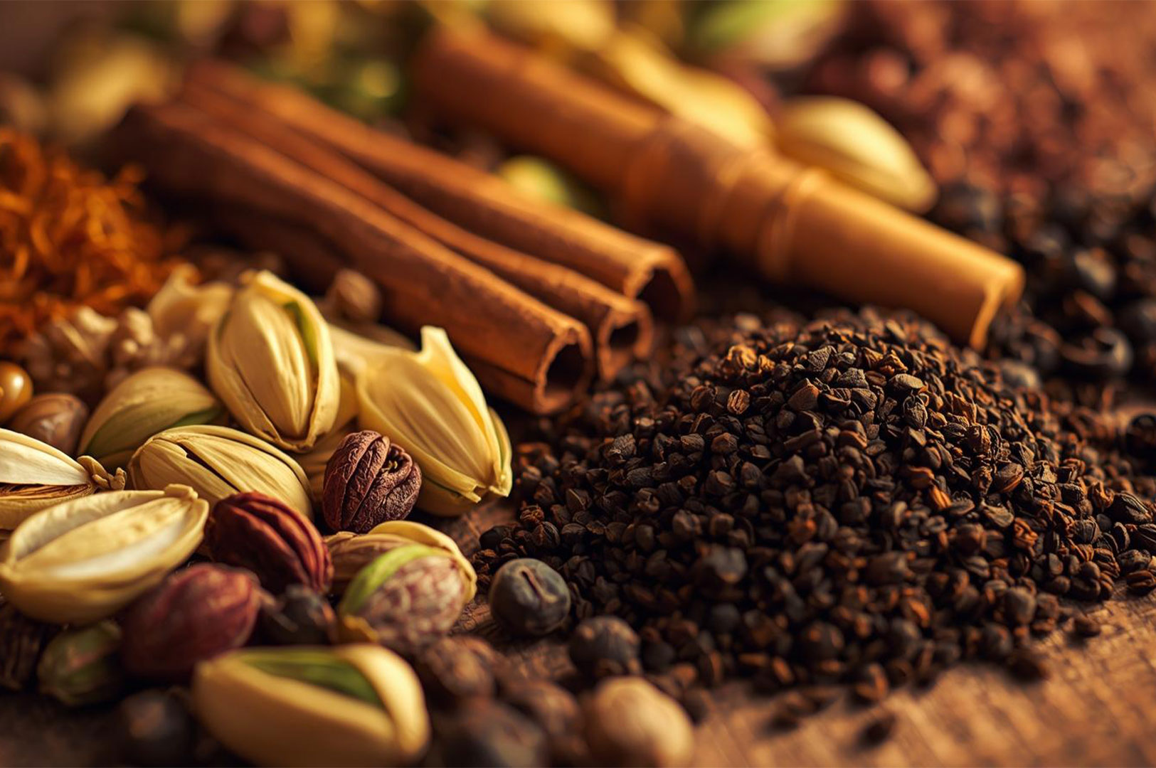 Macro close-up of ingredients for masala chai, featuring a pile of black tea granules, cinnamon sticks, whole green cardamom pods, and other various spices on a wooden surface.