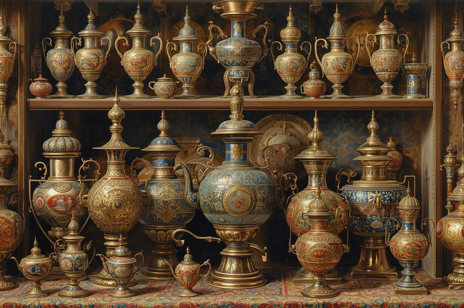 A rich, busy display of dozens of antique and highly decorated brass and painted Russian samovars on wooden shelves.