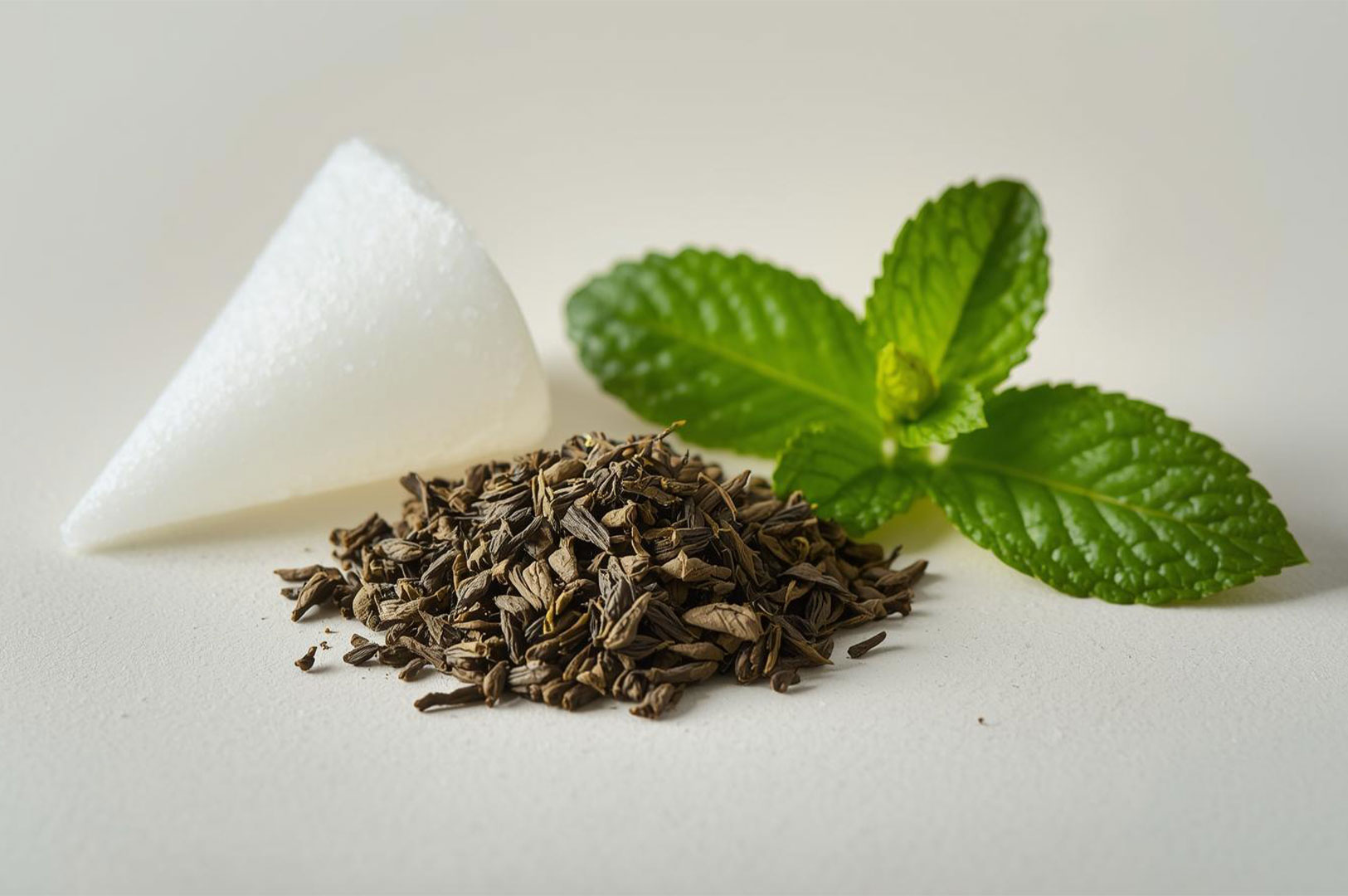 Close-up of the three traditional ingredients for Moroccan Mint Tea: a cone of sugar, a pile of Gunpowder green tea leaves, and a sprig of fresh mint.