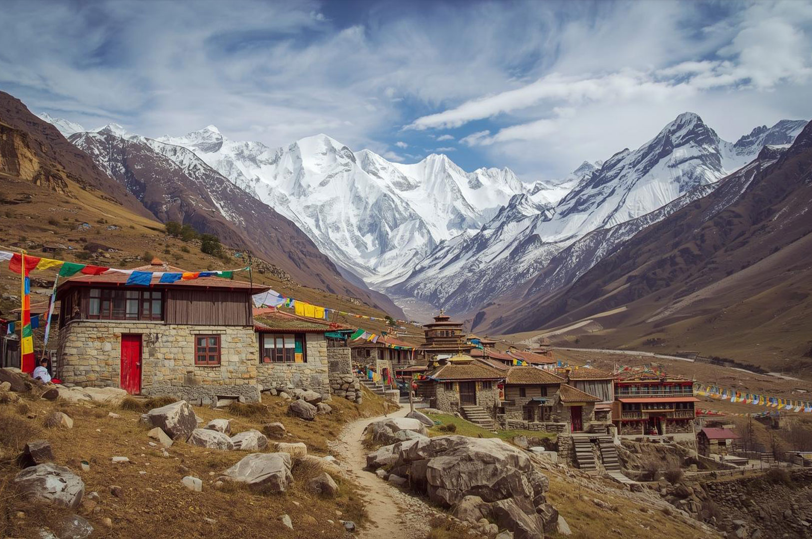 Wide landscape shot of a traditional mountain village (likely in the Mustang region of Nepal or Tibet) nestled in a valley, with prayer flags strung between stone houses, set dramatically against towering, snow-capped Himalayan peaks.