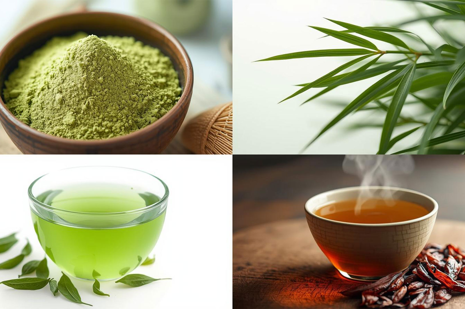 Four-panel image: Top left is a bowl of matcha powder; top right is thin bamboo-like tea leaves; bottom left is a clear glass of bright green brewed tea; bottom right is a steaming cup of amber tea with dried tea ingredients.
