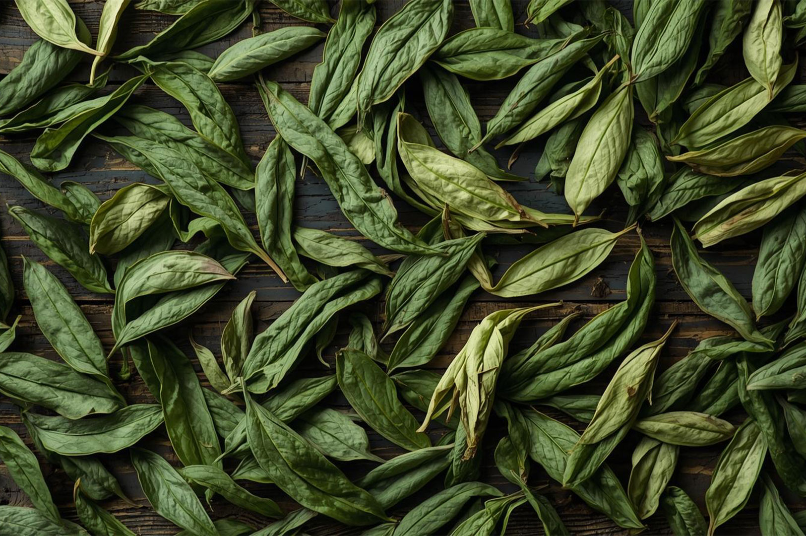 An overhead, textured background of a scattering of fresh or semi-dried, dark green tea leaves on a wooden surface.