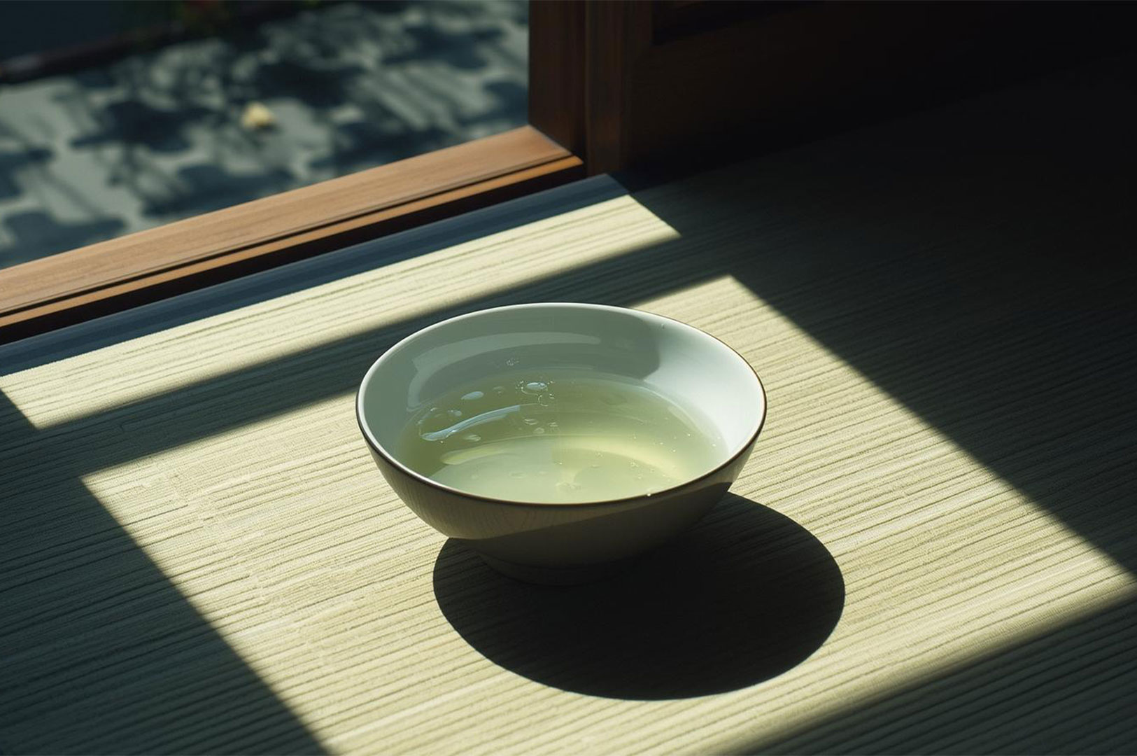A white ceramic bowl containing clear, pale green tea, casting a shadow on a textured tatami mat next to a wooden window frame in soft light.