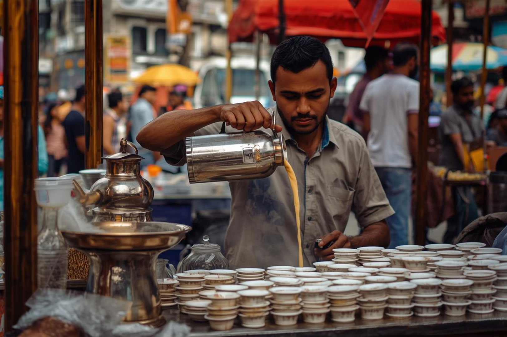 A chai wallah (tea vendor) on a busy Indian street pouring hot, milky chai from a large metal pot into numerous small, stacked ceramic or paper cups on his stall.