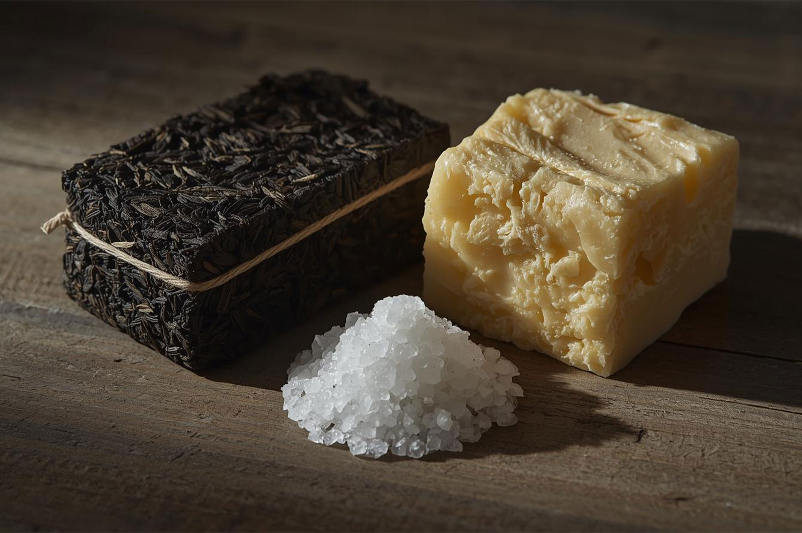 Still life of the key ingredients for Tibetan butter tea: a compressed brick of dark tea leaves tied with twine, a cube of yellow butter, and a pile of coarse white salt crystals, all resting on a rustic wooden surface.