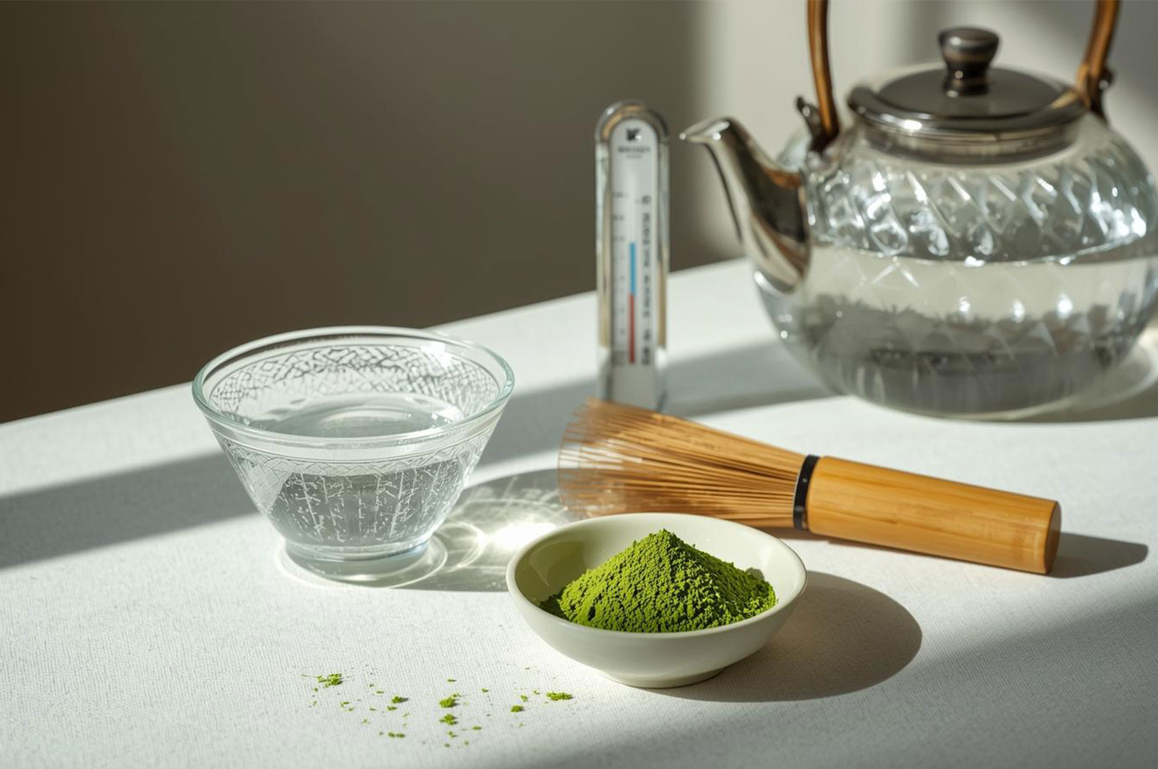 Still life setup for preparing matcha tea, showing a bowl of bright green powdered matcha, a bamboo whisk (chasen), a glass bowl of water, a thermometer, and a glass teapot.