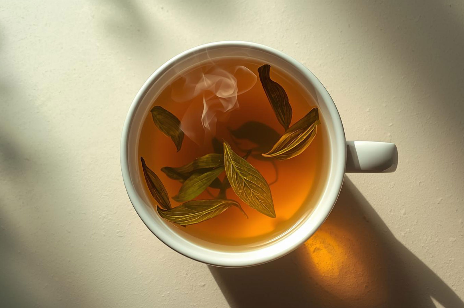 Overhead view of a white mug of hot, amber-colored herbal tea, with whole leaves floating and steam rising, casting a shadow on a light table.