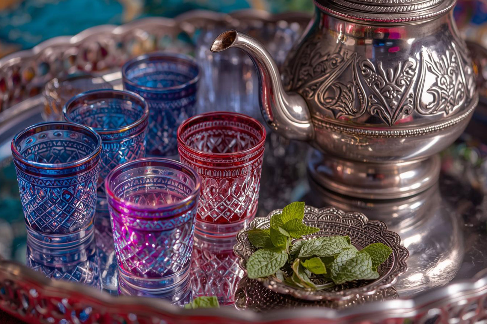 An ornate silver tray holding an engraved Moroccan teapot, small decorative colored tea glasses (blue, red, magenta), and a sprig of fresh mint.