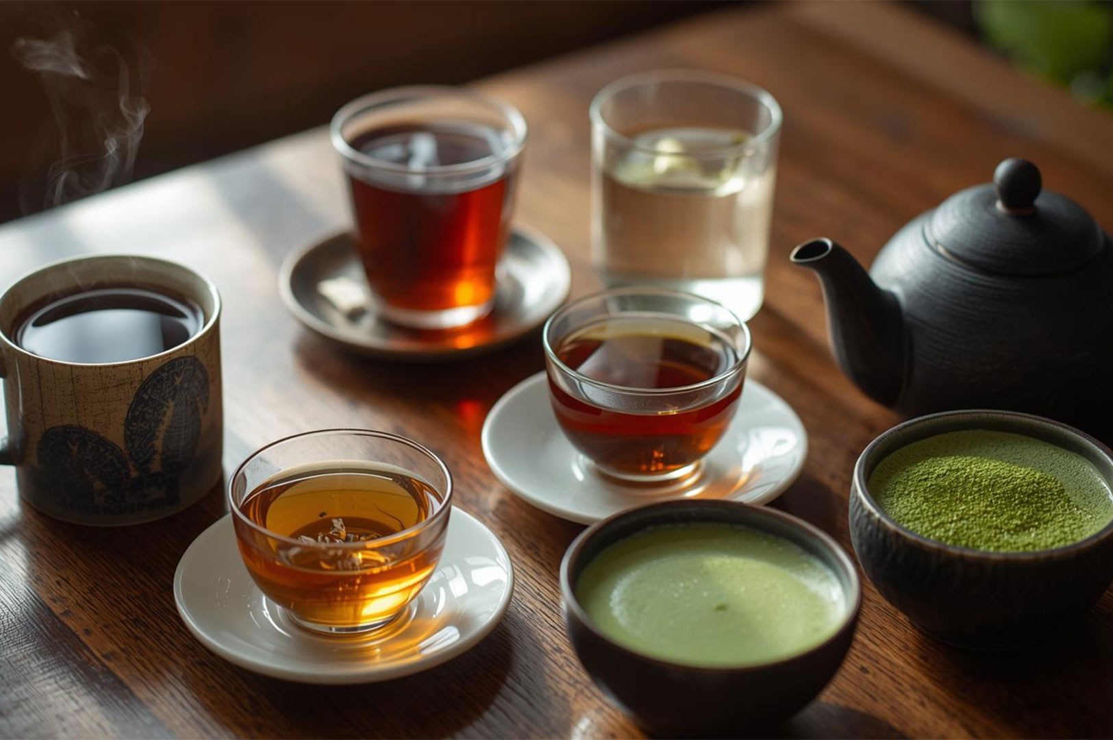 A collection of various brewed teas (black, herbal, green) in different glass and ceramic cups, a bowl of matcha powder, and a black teapot on a wooden table, suggesting a tea tasting session.