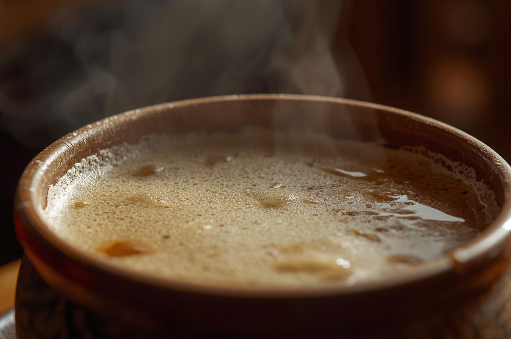 Macro close-up of a steaming, frothy, yellowish-brown liquid in a clay or wooden bowl, possibly a hearty broth or soup, highlighting the heat and texture.