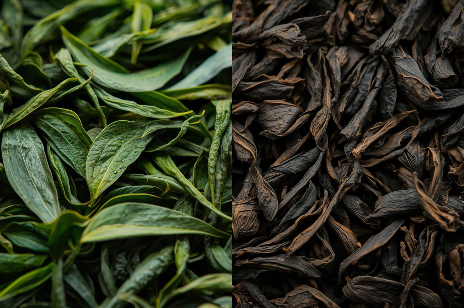 Split, close-up image comparing the vibrant texture of fresh, whole green tea leaves (left) and the dark, dry, tightly rolled or oxidized leaves of black or oolong tea (right).