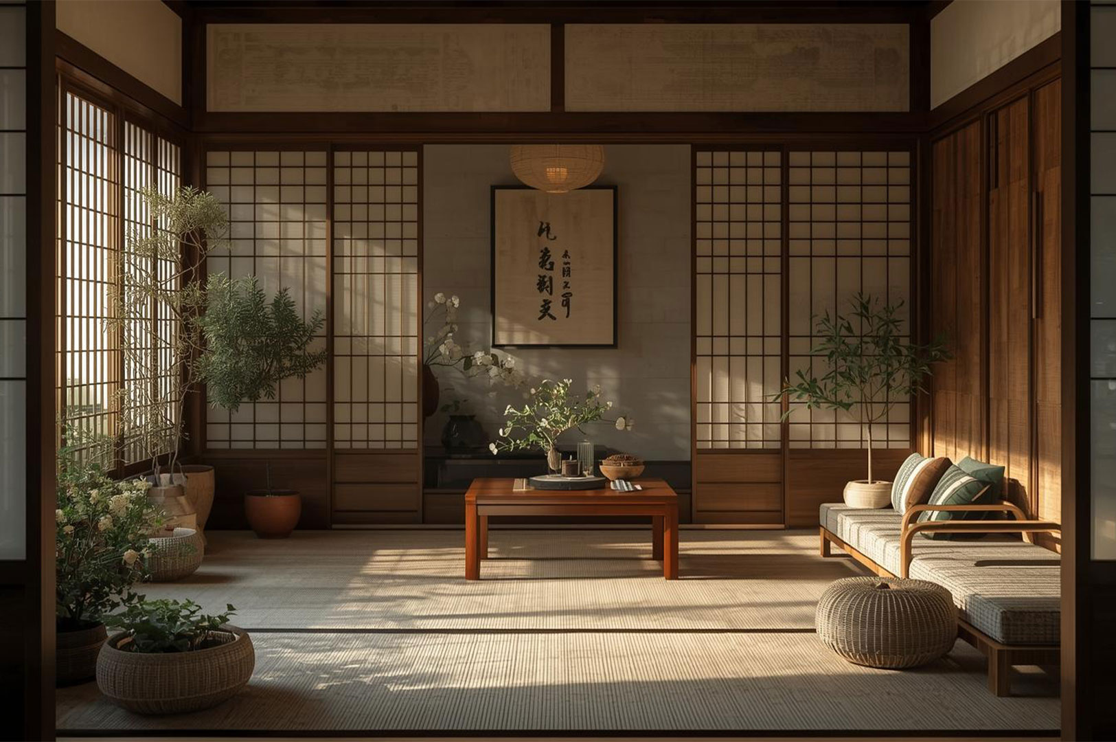 Traditional Japanese or Zen interior with tatami flooring, shoji screen walls, a low wooden table, indoor plants, and a framed calligraphy artwork.